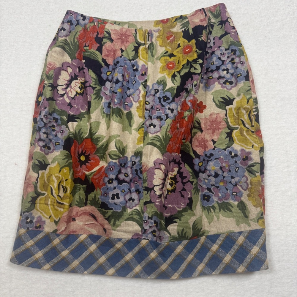 Anne Klein II Vintage Floral Linen Plaid Trim Faux Wrap Skirt Size 6 Multi-Color - Picture 7 of 8